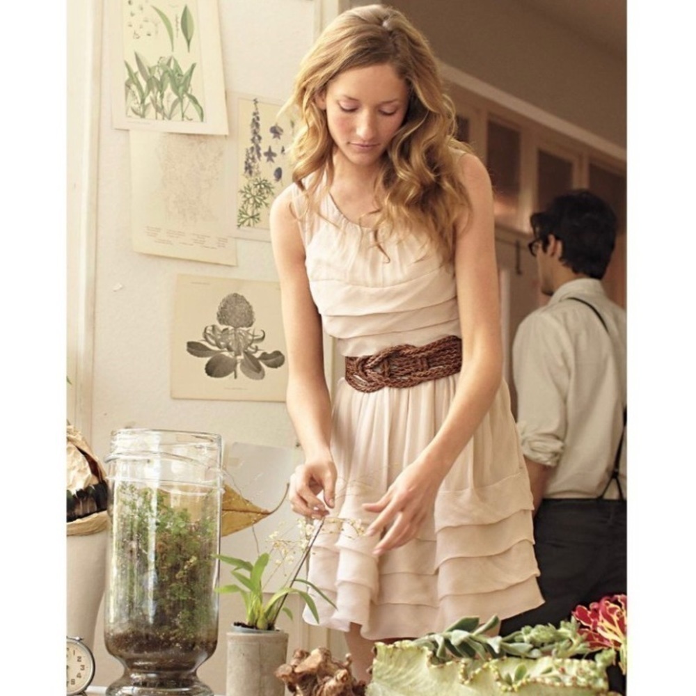 NWT Anthropologie Burlapp Drifting By Tiered Ruffle Silk Dress Blush Nude 12